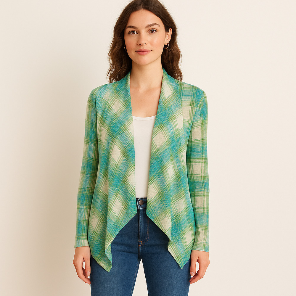 Anthropologie Sparrow Draped Cardigan S Blue Plaid Waterfall Open Front